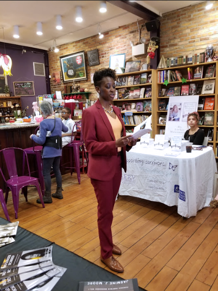 Woman reading at event