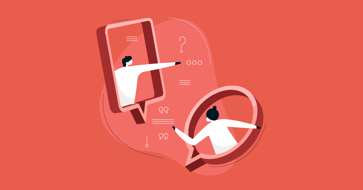 Red background with talk bubbles and animate people inside them. The image is abstract and symbolizing communication.