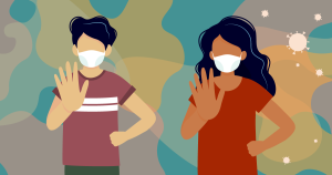 two figure put up a 'stop' hand sign.