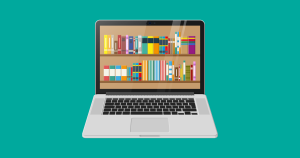 Illustration of a shelf of books on a laptop screen