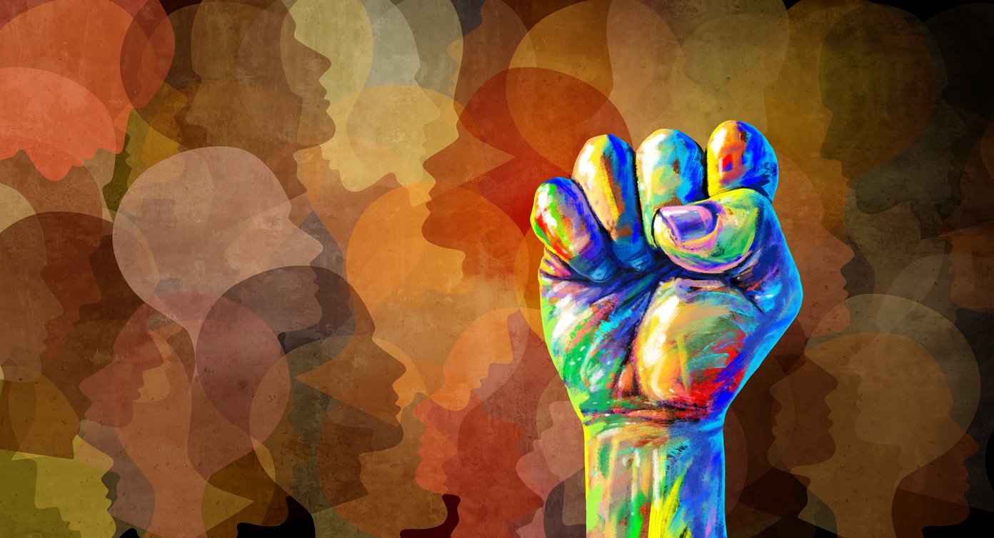 multicolored brown patch background with a multicolored fist skewed to the right