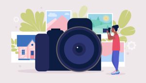 graphic shows a large camera and a miniature sized person next to it taking a photo, with layered graphics of photos behind it