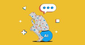 AI model deep in thought on the yellow background.